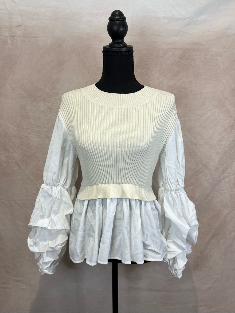 English Factory Cream and White Ribbed Knit Peplum Top with Ruffled Sleeves